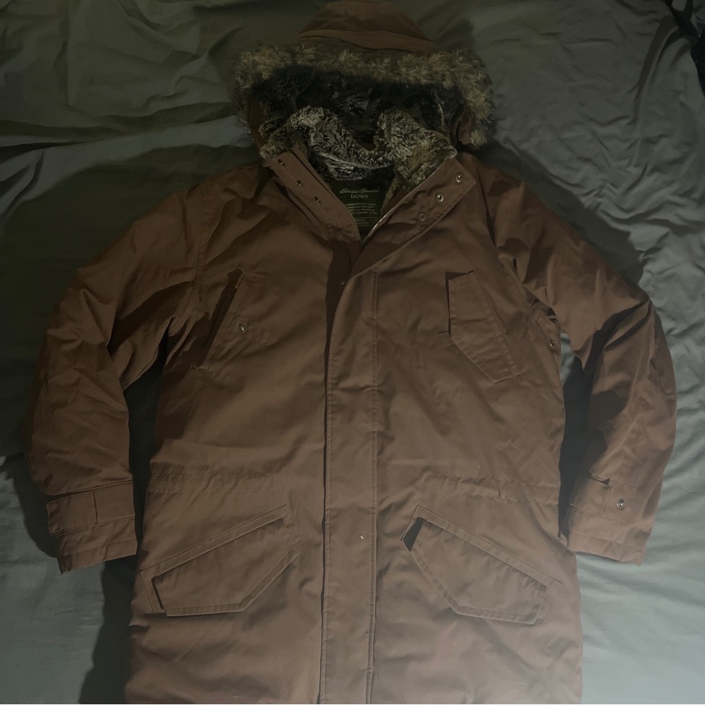 Eddie Bauer Womens Premium Goose Down Jacket Parka Faux Fur Hood Size XL Brown